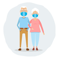 Couple of old people, man and woman, wearing face masks to prevent disease, flu, influenza, virus.