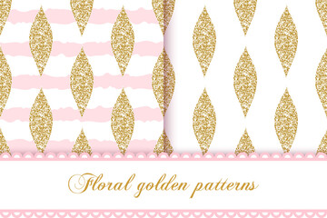 Golden glittering geometric floral seamless patterns with leaves on white and striped pink background, luxury exotic texture.