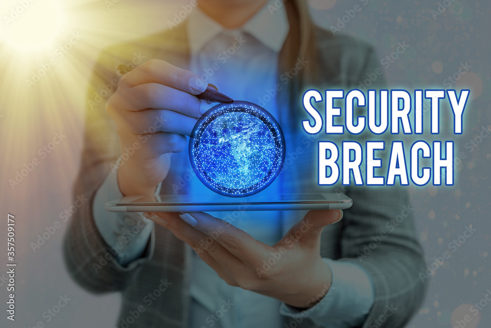 Poster writing note showing security breach. business concept for unauthorized access of data gained by a m