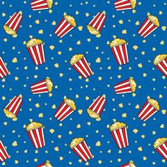 Flying strip popcorn buckets on blue background, funny cinema seamless pattern, vector illustration.