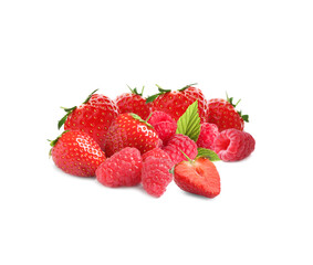 Ripe raspberries and strawberries on white background