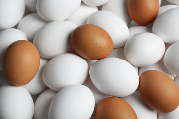 Fresh raw chicken eggs as background, top view
