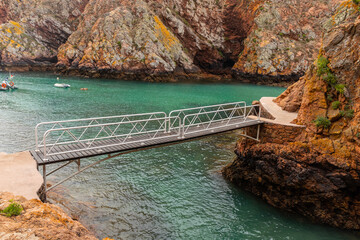 Bridge over the beautiful blue sea of ​​Berlengas Island in Peniche, Portugal