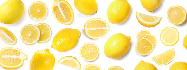 Set of delicious lemons on white background, top view. Banner design