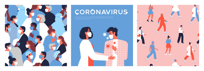 Set of corona virus disease outbreak illustrations. Diverse people and doctor workers wearing face mask for covid-19 health protection. Includes social seamless pattern and poster template.