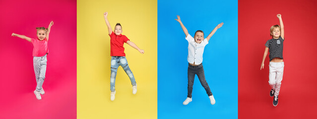 Collage of jumping schoolchildren on color backgrounds. Banner design