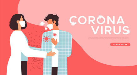 Woman doctor treating male patient infected with novel coronavirus disease wearing face mask. Covid-19 illness concept illustration for health protection or medical web background.