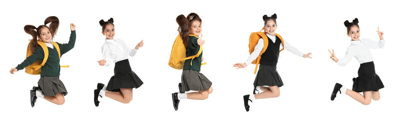 Collage of jumping girl in school uniform on white background. Banner design