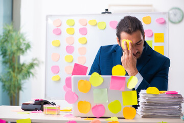 Young male employee in conflicting priorities concept