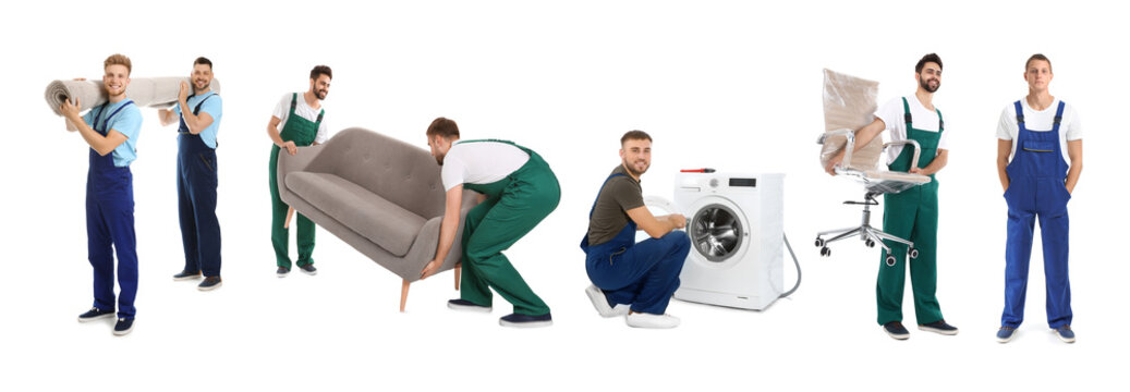 Collage with photos of workers carrying furniture and appliance on white background, banner design. Moving service