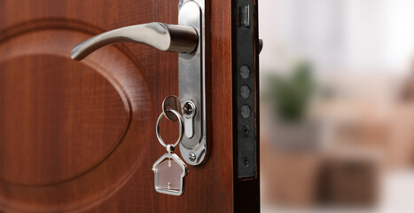 Closeup view of door with key open into room