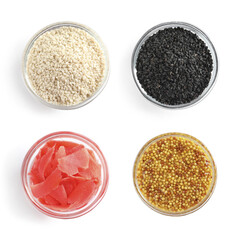 Set of different delicious sauce condiments on white background, top view