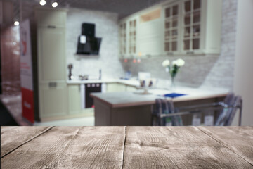 Empty wooden table in modern kitchen interior