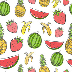 Seamless pattern with summer colorful fruits: banana, watermelon, strawberry, pineapple. Vector.