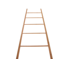 Modern wooden ladder isolated on white, low angle view