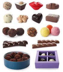 Set with different chocolate candies on white background