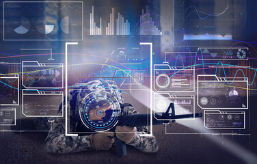 Double exposure of soldier with machine gun and different schemes. Military concept