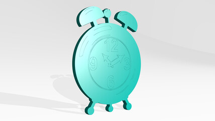  from a perspective on the wall. A thick sculpture made of metallic materials of 3D rendering