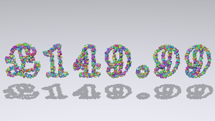 £149.: 3D illustration of the text made of small objects over a white background with shadows