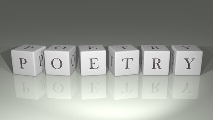 alphabetic Poetry arranged by cubic letters on a mirror floor, concept meaning and presentation in 3D perspective