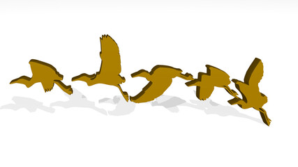 BIRD FLYING IN LINE made by 3D illustration of a shiny metallic sculpture on a wall with light background