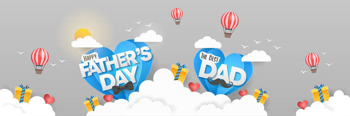 Happy Father's Day Best Dad design with papercut hearts, gift boxes, hot air balloons, mustache, bow tie, birds over a clouds. Illustration for greeting card, banner, social media, promotion and sale.