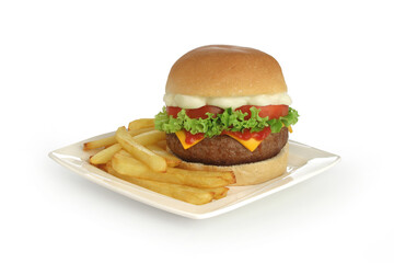 Burger with salad, cheddar cheese, lettuce, tomato, mayonnaise and fries