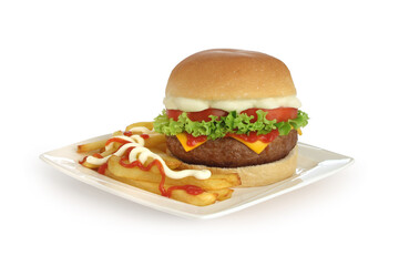 Burger with salad, cheddar cheese, lettuce, tomato, mayonnaise, fries and catchup