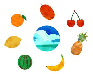 夏の果物、水彩風のイラスト