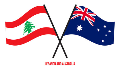 Lebanon and Australia Flags Crossed And Waving Flat Style. Official Proportion. Correct Colors.
