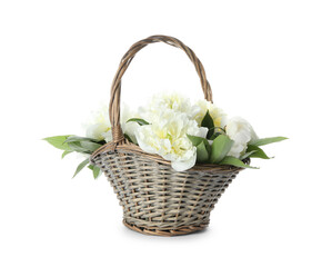 Fototapeta na wymiar Bouquet of beautiful peonies in wicker basket isolated on white