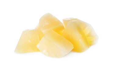 Pieces of canned pineapple isolated on white