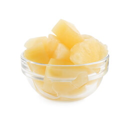 Pieces of delicious sweet canned pineapple in glass bowl on white background