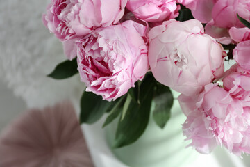 Bouquet of beautiful pink peonies indoors, closeup
