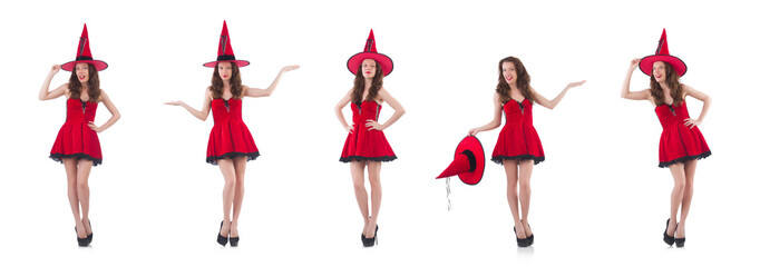 Young female model posing in red mini dress