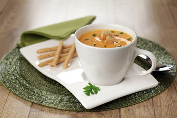 pumpkin soup with herbs and croutons