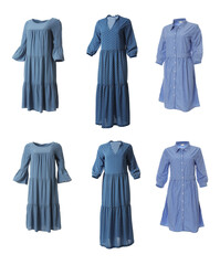 Set of different stylish dresses on white background