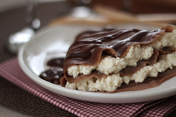 delicious chocolate crepe with ricotta and ganache