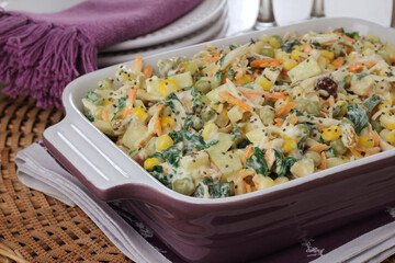 mayonnaise salad with apple, peas, spinach, carrots, corn and chia