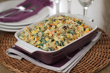 mayonnaise salad with apple, peas, spinach, carrots, corn and chia