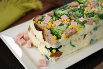 healthy terrine of ham, broccoli, corn, brown bread and white cream