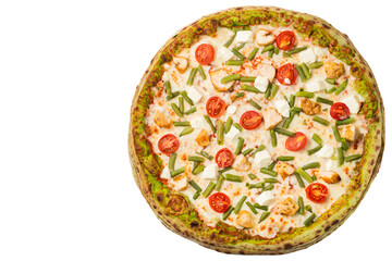 Tasty italian pizza isolated on white background. Flatlay. Copy space