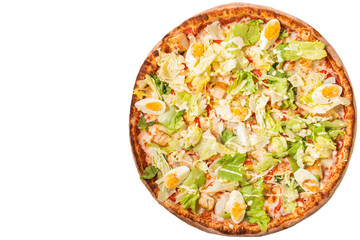 Tasty italian pizza isolated on white background. Flatlay. Copy space