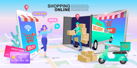 Online shop shipping service. Order tracking, people tracking their order in mobile delivery service. Vector illustration