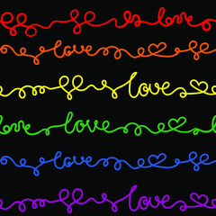 Love word and hearts handwritten line seamless pattern in rainbow colors on black background. Valentine's Day, romance, marriage symbol, wedding ornament. LGBT pride symbol. Vector illustration