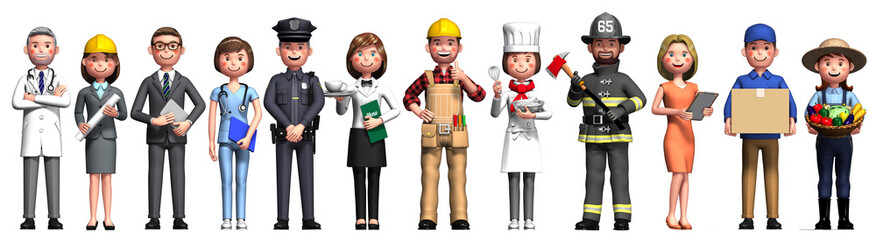 Side-by-side workers created by 3d rendering. White background