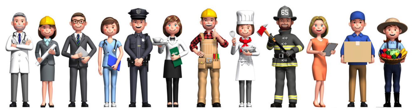 Side-by-side workers created by 3d rendering. White background