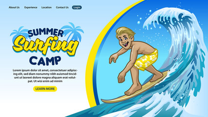 landing page design of surfing summer camp concept in cartoon style