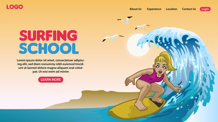 landing page of cartoon happy surfing concept