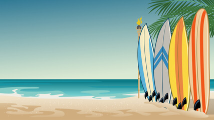 landscape of beach with some surfboards